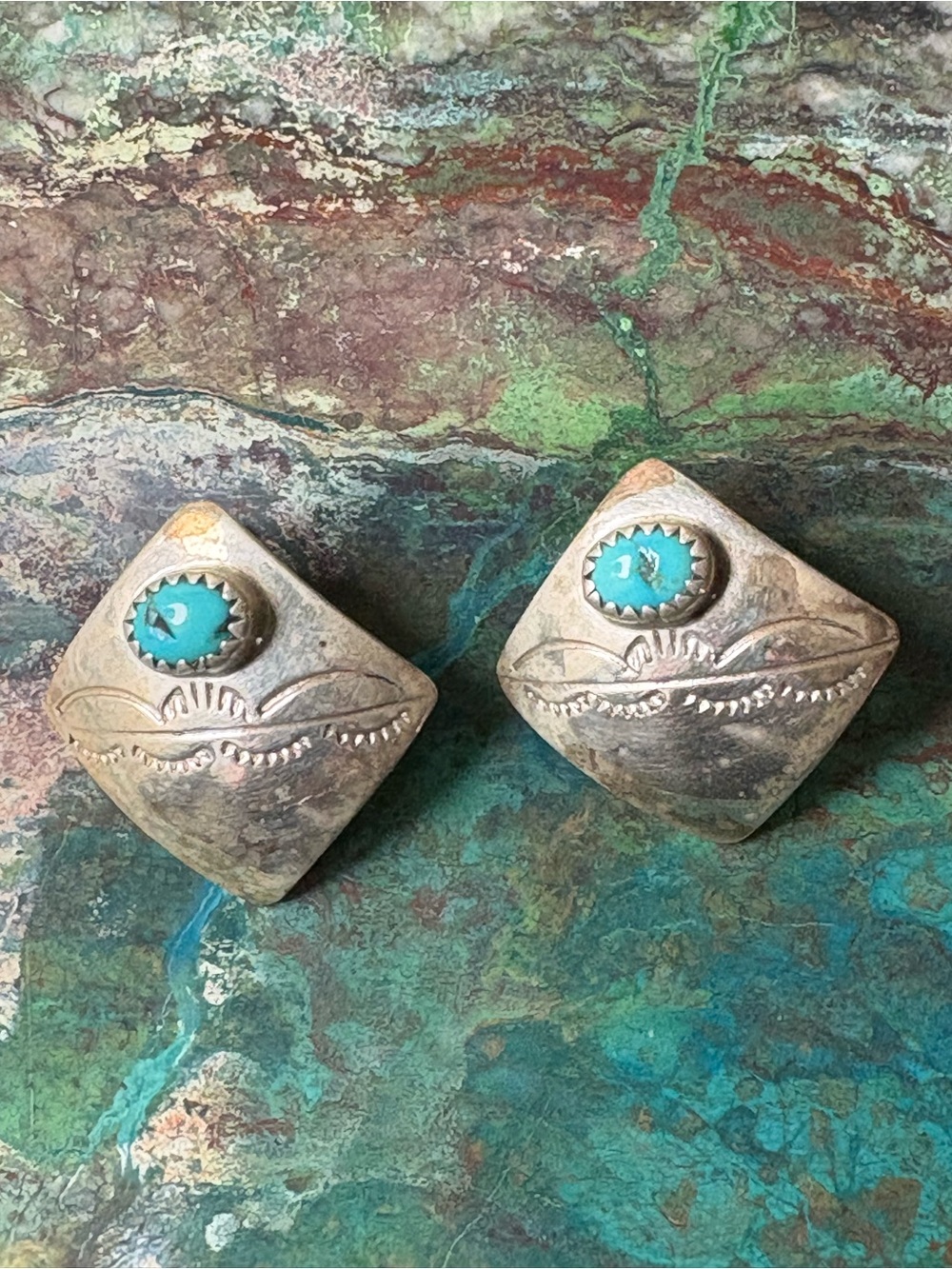 Sterling Silver Etched Turquoise Vintage Navajo Signed Square Stud Earrings